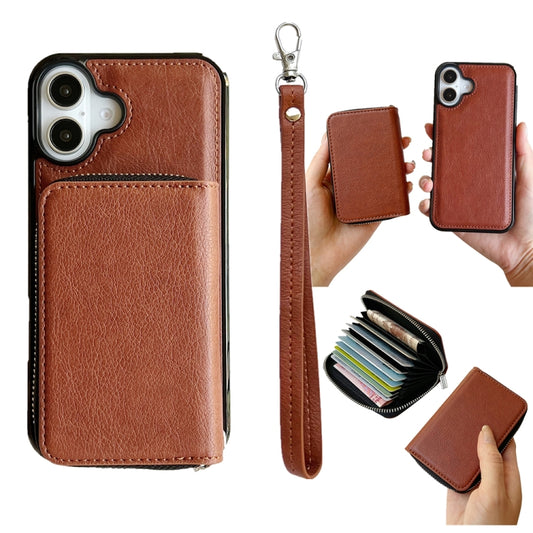 For iPhone 16 Plus Solid Color Zipper 11-Card Slots Bag Phone Case with Lanyard(Brown) - iPhone 16 Plus Cases by buy2fix | Online Shopping UK | buy2fix