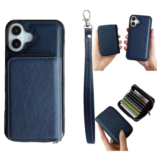 For iPhone 16 Solid Color Zipper 11-Card Slots Bag Phone Case with Lanyard(Blue) - iPhone 16 Cases by buy2fix | Online Shopping UK | buy2fix