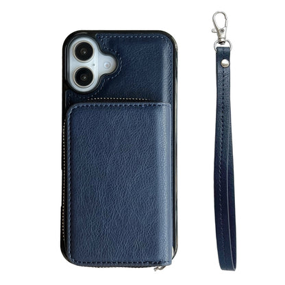 For iPhone 16 Solid Color Zipper 11-Card Slots Bag Phone Case with Lanyard(Blue) - iPhone 16 Cases by buy2fix | Online Shopping UK | buy2fix