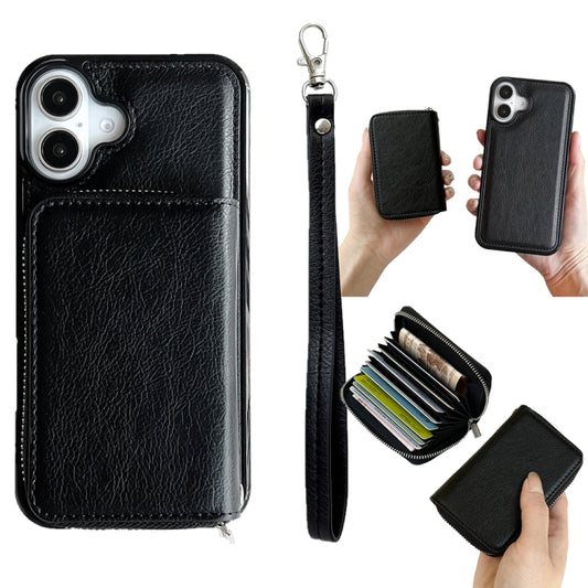 For iPhone 16 Solid Color Zipper 11-Card Slots Bag Phone Case with Lanyard(Black) - iPhone 16 Cases by buy2fix | Online Shopping UK | buy2fix