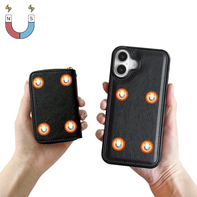 For iPhone 16 Solid Color Zipper 11-Card Slots Bag Phone Case with Lanyard(Black) - iPhone 16 Cases by buy2fix | Online Shopping UK | buy2fix