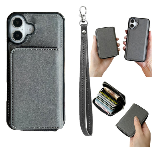 For iPhone 16 Solid Color Zipper 11-Card Slots Bag Phone Case with Lanyard(Grey) - iPhone 16 Cases by buy2fix | Online Shopping UK | buy2fix