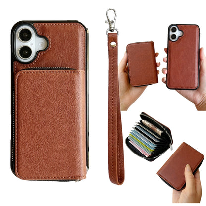 For iPhone 16 Solid Color Zipper 11-Card Slots Bag Phone Case with Lanyard(Brown) - iPhone 16 Cases by buy2fix | Online Shopping UK | buy2fix