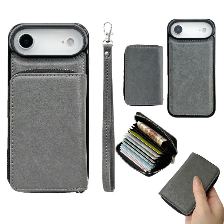 For iPhone Air Solid Color Zipper 11-Card Slots Bag Phone Case with Lanyard(Grey) - iPhone Air Cases by buy2fix | Online Shopping UK | buy2fix