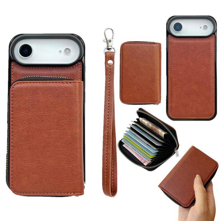 For iPhone Air Solid Color Zipper 11-Card Slots Bag Phone Case with Lanyard(Brown) - iPhone Air Cases by buy2fix | Online Shopping UK | buy2fix
