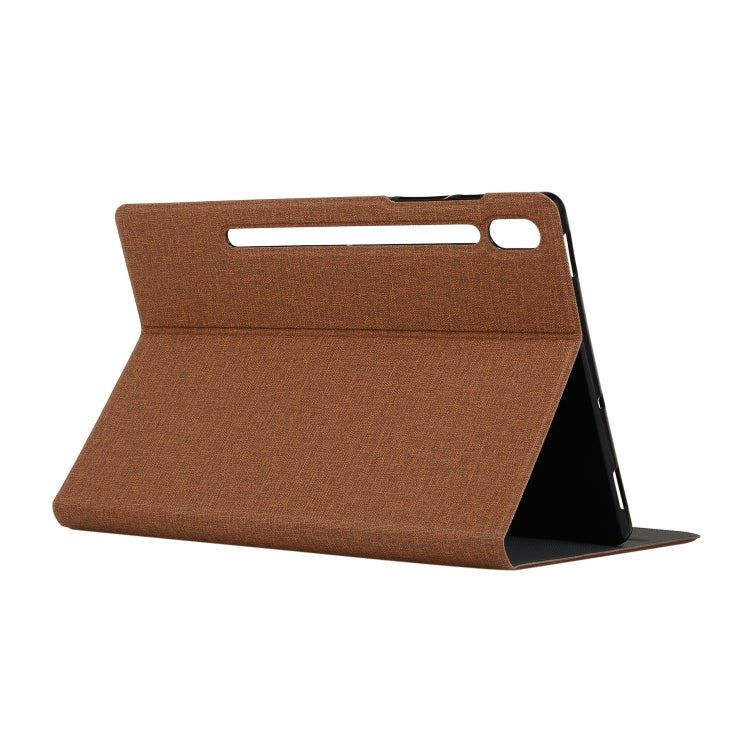 For Samsung Galaxy Tab S7 T870 2020 / Tab S8 Voltage Stretch Fabric Texture Leather Case with Holder(Brown) by buy2fix