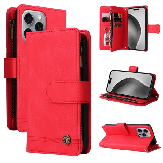 For iPhone 16 Pro Max Skin Feel Multi-Card Wallet Zipper Leather Phone Case(Red) by buy2fix