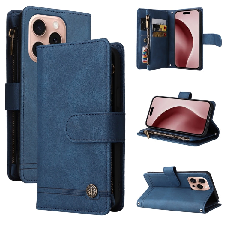 For iPhone 16 Pro Skin Feel Multi-Card Wallet Zipper Leather Phone Case(Blue) by buy2fix