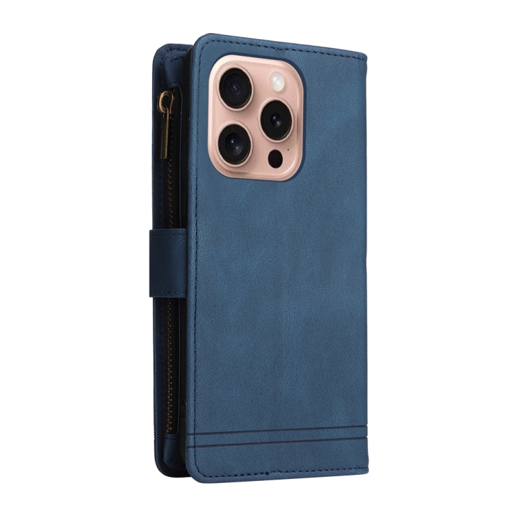 For iPhone 16 Pro Skin Feel Multi-Card Wallet Zipper Leather Phone Case(Blue) by buy2fix