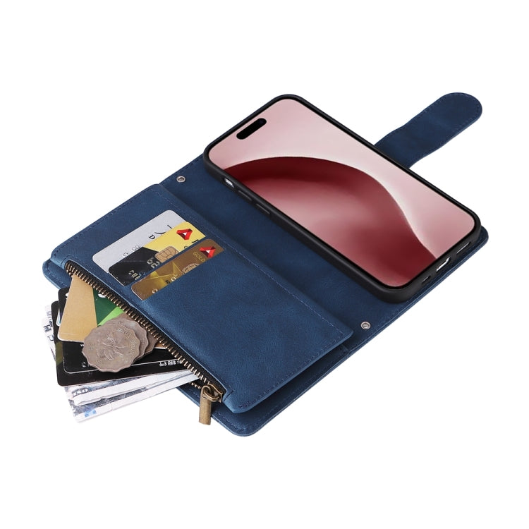 For iPhone 16 Pro Skin Feel Multi-Card Wallet Zipper Leather Phone Case(Blue) by buy2fix