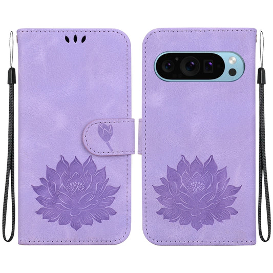 For Google Pixel 9 Pro Lotus Embossed Leather Phone Case(Purple) by buy2fix
