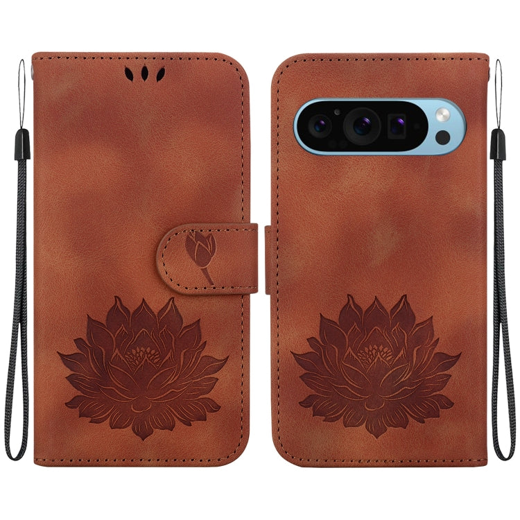 For Google Pixel 9 Lotus Embossed Leather Phone Case(Brown) by buy2fix