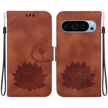 For Google Pixel 9 Lotus Embossed Leather Phone Case(Brown) by buy2fix