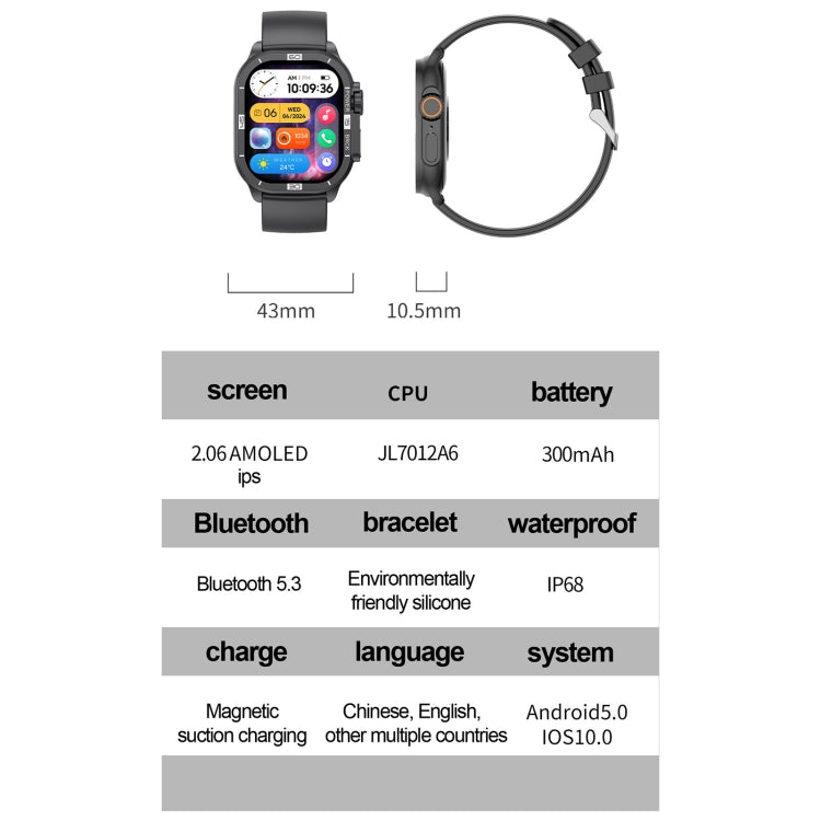 HK96S 2.06 inch BT5.3 IP68 Sport Smart Watch, Support Bluetooth Call / Sleep / Blood Oxygen / Heart Rate / Blood Pressure Health Monitor(Black) by buy2fix