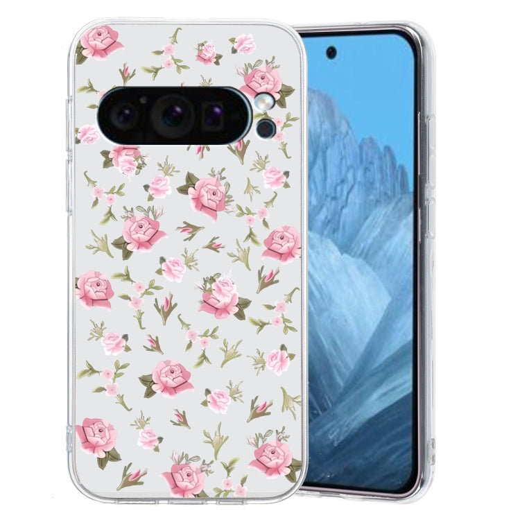 For Google Pixel 9 Colored Drawing Pattern Transparent TPU Phone Case(Pink Floral) by buy2fix