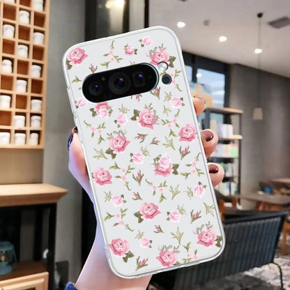 For Google Pixel 9 Colored Drawing Pattern Transparent TPU Phone Case(Pink Floral) by buy2fix