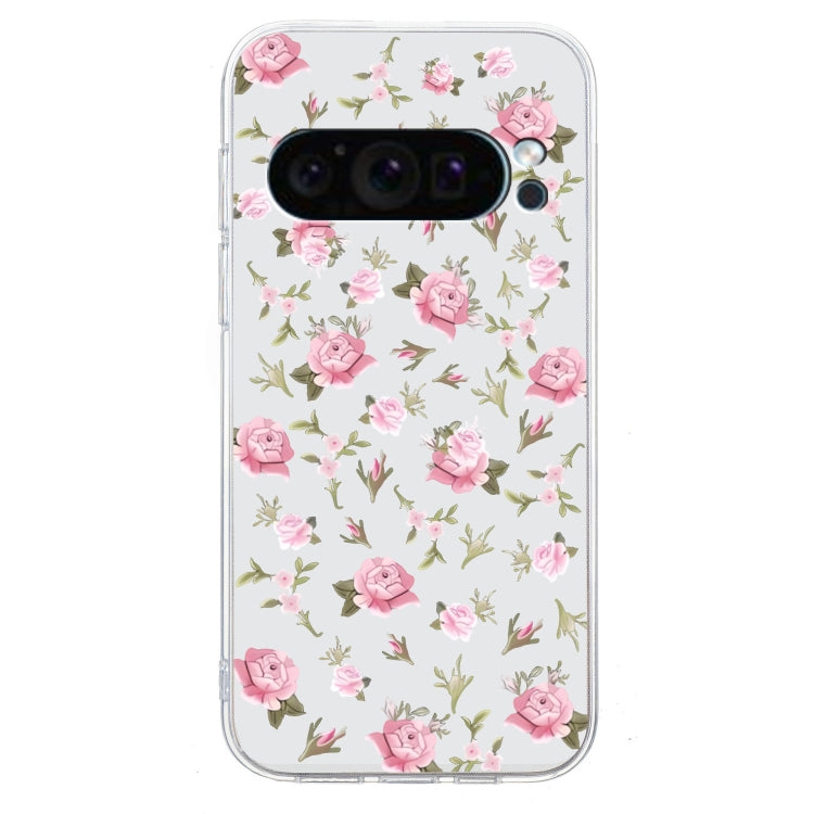 For Google Pixel 9 Colored Drawing Pattern Transparent TPU Phone Case(Pink Floral) by buy2fix