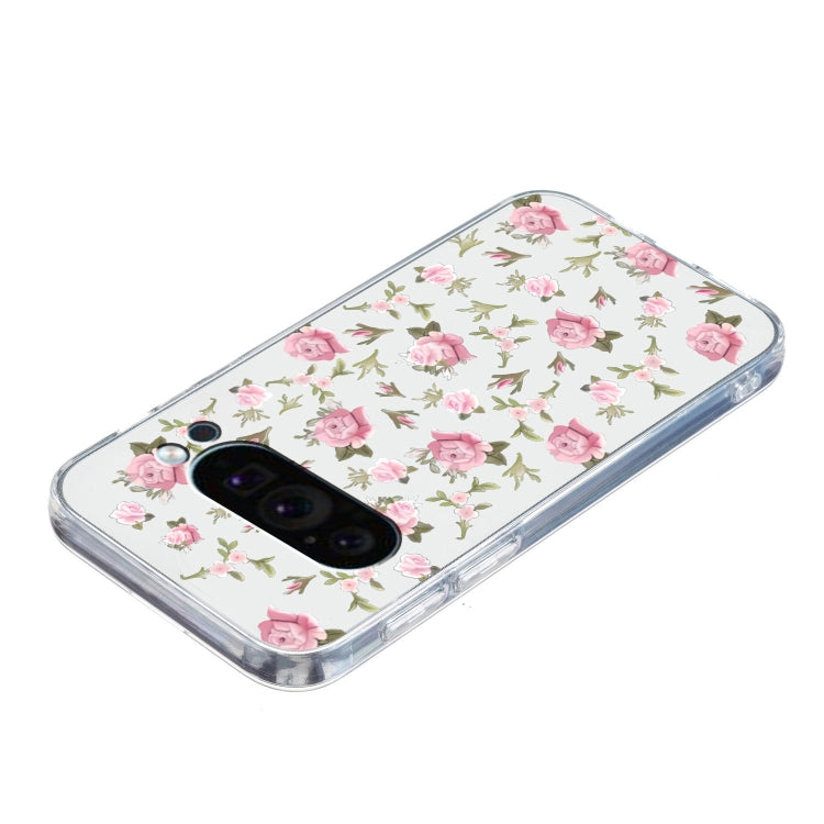 For Google Pixel 9 Colored Drawing Pattern Transparent TPU Phone Case(Pink Floral) by buy2fix