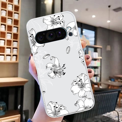 For Google Pixel 9 Pro Colored Drawing Pattern Transparent TPU Phone Case(White Flower) by buy2fix