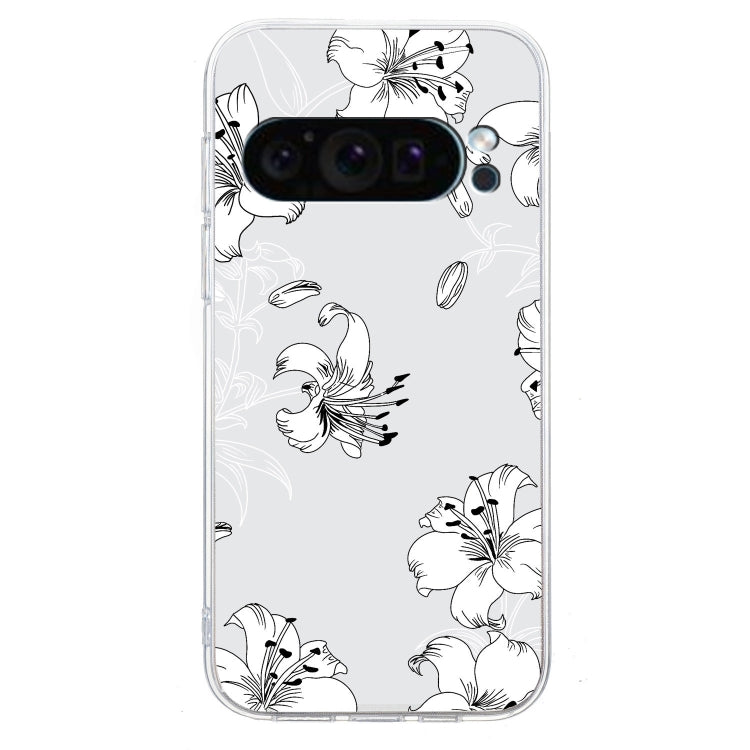 For Google Pixel 9 Pro Colored Drawing Pattern Transparent TPU Phone Case(White Flower) by buy2fix