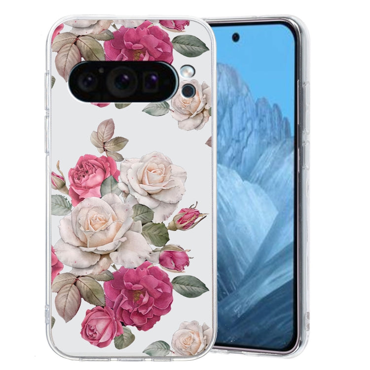 For Google Pixel 9 Pro Colored Drawing Pattern Transparent TPU Phone Case(Peony) by buy2fix