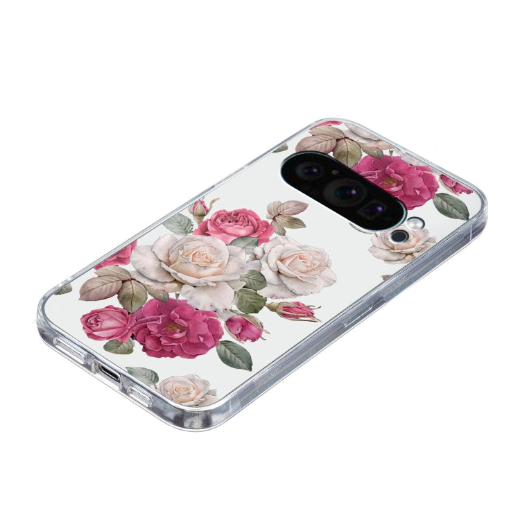 For Google Pixel 9 Pro Colored Drawing Pattern Transparent TPU Phone Case(Peony) by buy2fix