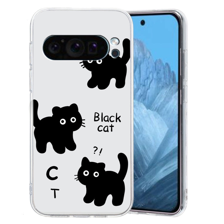 For Google Pixel 9 Pro Colored Drawing Pattern Transparent TPU Phone Case(Black Cat) by buy2fix