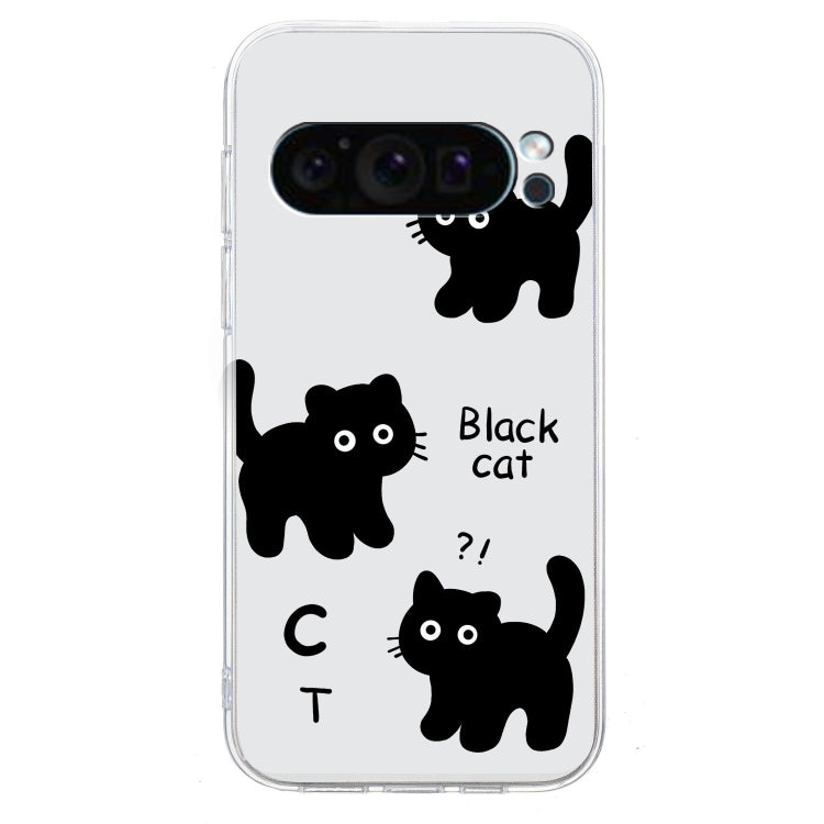 For Google Pixel 9 Pro Colored Drawing Pattern Transparent TPU Phone Case(Black Cat) by buy2fix