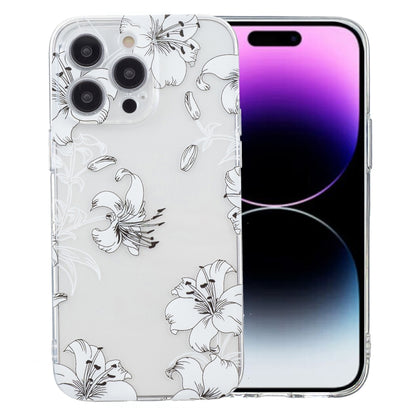 For iPhone 16 Pro Max Colored Drawing Pattern Transparent TPU Phone Case(White Flower) by buy2fix