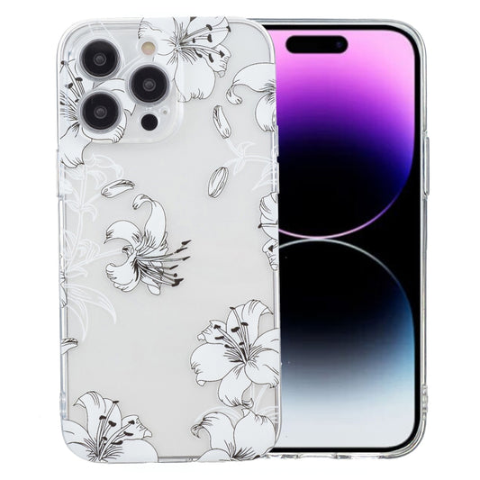 For iPhone 16 Pro Max Colored Drawing Pattern Transparent TPU Phone Case(White Flower) by buy2fix