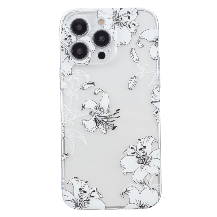 For iPhone 16 Pro Max Colored Drawing Pattern Transparent TPU Phone Case(White Flower) by buy2fix