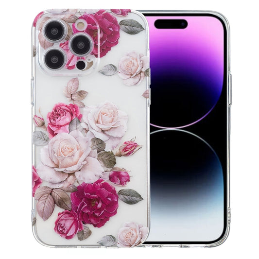 For iPhone 16 Pro Max Colored Drawing Pattern Transparent TPU Phone Case(Peony) by buy2fix