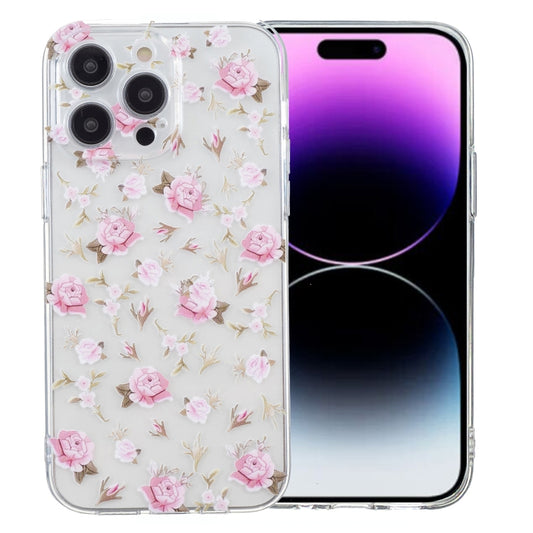 For iPhone 16 Pro Max Colored Drawing Pattern Transparent TPU Phone Case(Pink Floral) by buy2fix