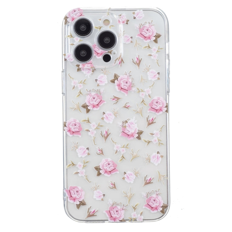 For iPhone 16 Pro Max Colored Drawing Pattern Transparent TPU Phone Case(Pink Floral) by buy2fix