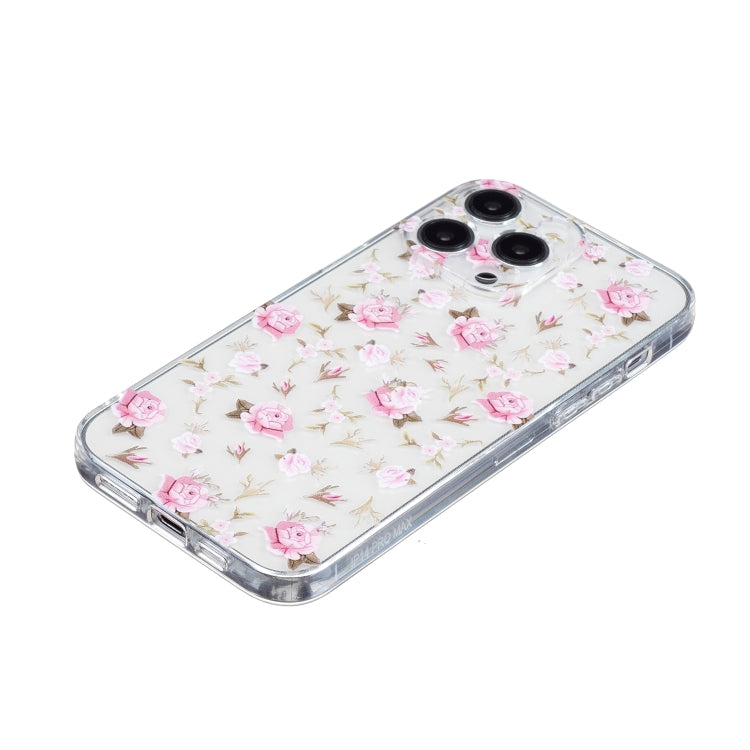 For iPhone 16 Pro Max Colored Drawing Pattern Transparent TPU Phone Case(Pink Floral) by buy2fix