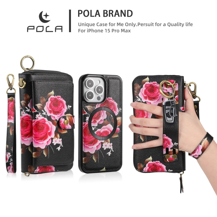 For iPhone 15 Pro Max POLA MagSafe Flower Multi-functional Zipper Wallet Leather Phone Case(Black) by buy2fix