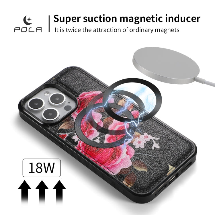 For iPhone 15 Pro Max POLA MagSafe Flower Multi-functional Zipper Wallet Leather Phone Case(Black) by buy2fix