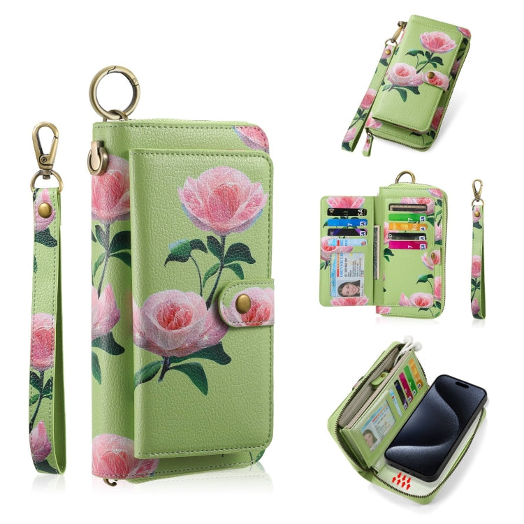 For iPhone 15 Pro Max POLA MagSafe Flower Multi-functional Zipper Wallet Leather Phone Case(Green) - iPhone 15 Pro Max Cases by buy2fix | Online Shopping UK | buy2fix