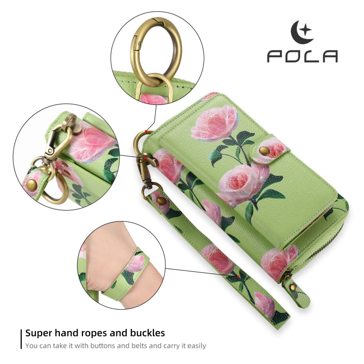 For iPhone 15 Pro Max POLA MagSafe Flower Multi-functional Zipper Wallet Leather Phone Case(Green) - iPhone 15 Pro Max Cases by buy2fix | Online Shopping UK | buy2fix