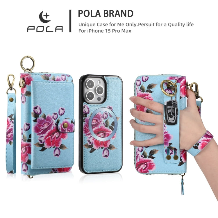 For iPhone 15 Pro Max POLA MagSafe Flower Multi-functional Zipper Wallet Leather Phone Case(Sky Blue) - iPhone 15 Pro Max Cases by buy2fix | Online Shopping UK | buy2fix