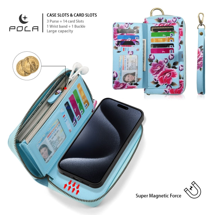 For iPhone 15 Pro Max POLA MagSafe Flower Multi-functional Zipper Wallet Leather Phone Case(Sky Blue) - iPhone 15 Pro Max Cases by buy2fix | Online Shopping UK | buy2fix