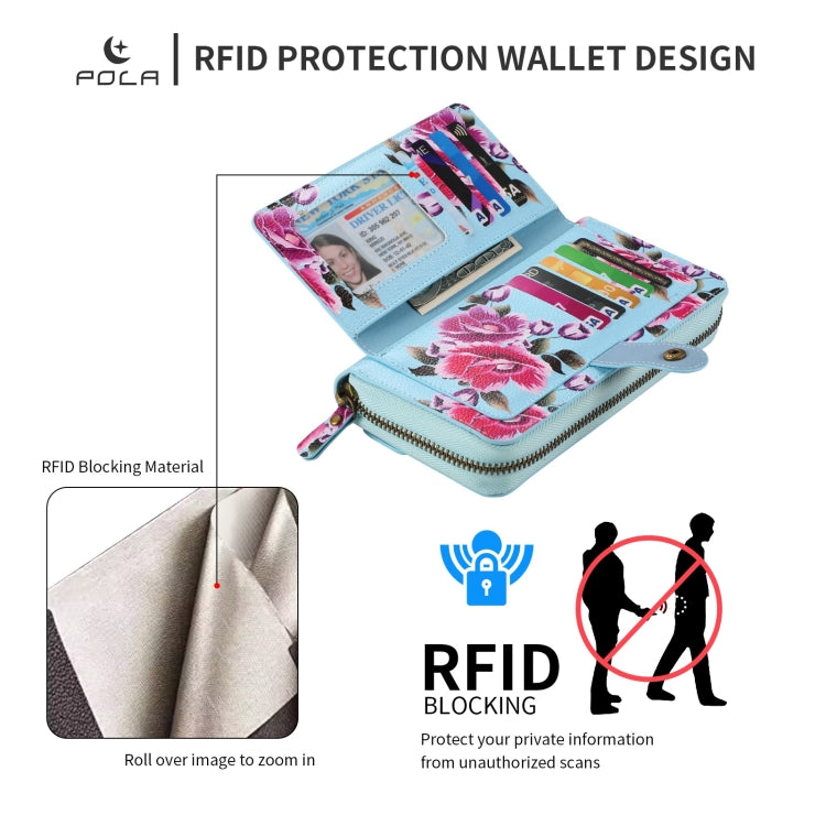 For iPhone 15 Pro Max POLA MagSafe Flower Multi-functional Zipper Wallet Leather Phone Case(Sky Blue) - iPhone 15 Pro Max Cases by buy2fix | Online Shopping UK | buy2fix