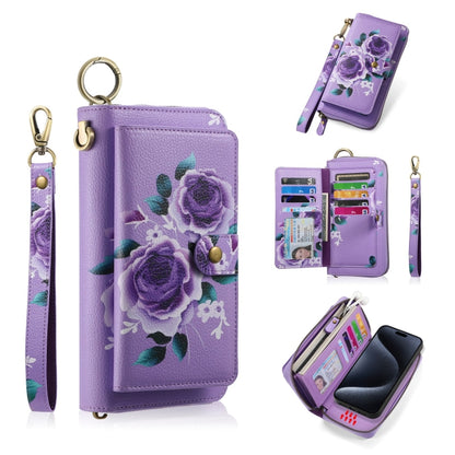 For iPhone 15 Pro Max POLA MagSafe Flower Multi-functional Zipper Wallet Leather Phone Case(Purple) - iPhone 15 Pro Max Cases by buy2fix | Online Shopping UK | buy2fix