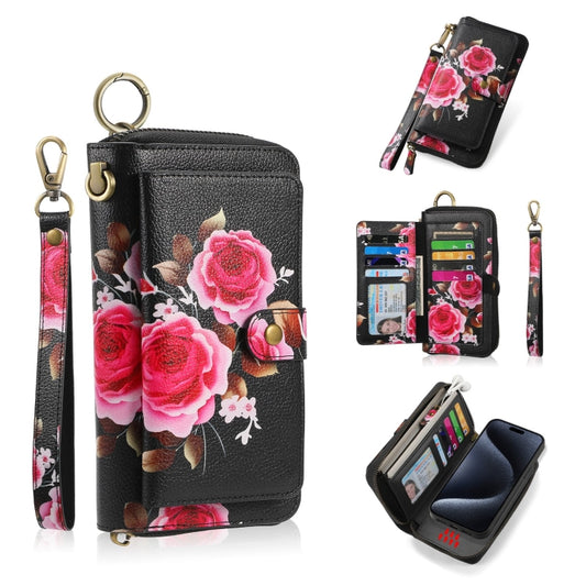 For iPhone 15 Pro POLA MagSafe Flower Multi-functional Zipper Wallet Leather Phone Case(Black) - iPhone 15 Pro Cases by buy2fix | Online Shopping UK | buy2fix
