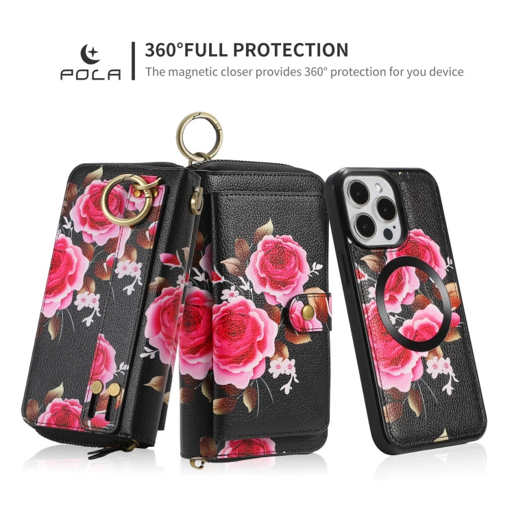 For iPhone 15 Pro POLA MagSafe Flower Multi-functional Zipper Wallet Leather Phone Case(Black) - iPhone 15 Pro Cases by buy2fix | Online Shopping UK | buy2fix