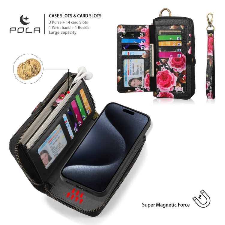 For iPhone 15 Pro POLA MagSafe Flower Multi-functional Zipper Wallet Leather Phone Case(Black) - iPhone 15 Pro Cases by buy2fix | Online Shopping UK | buy2fix