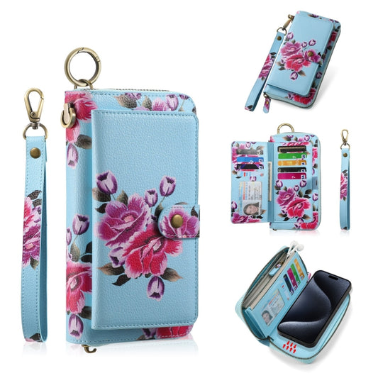 For iPhone 15 Pro POLA MagSafe Flower Multi-functional Zipper Wallet Leather Phone Case(Sky Blue) - iPhone 15 Pro Cases by buy2fix | Online Shopping UK | buy2fix
