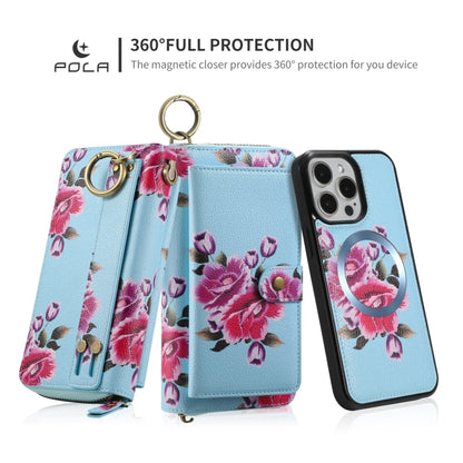 For iPhone 15 Pro POLA MagSafe Flower Multi-functional Zipper Wallet Leather Phone Case(Sky Blue) - iPhone 15 Pro Cases by buy2fix | Online Shopping UK | buy2fix