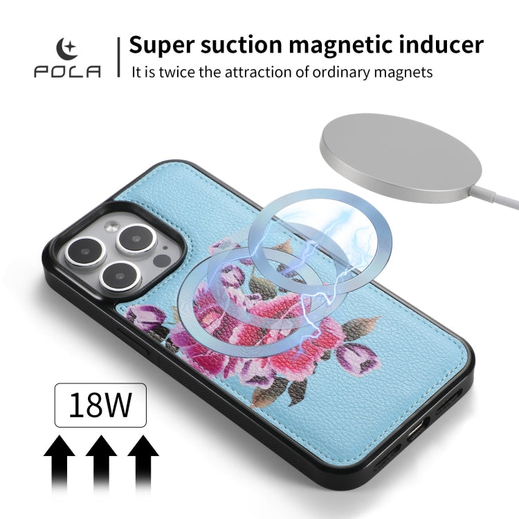 For iPhone 15 Pro POLA MagSafe Flower Multi-functional Zipper Wallet Leather Phone Case(Sky Blue) - iPhone 15 Pro Cases by buy2fix | Online Shopping UK | buy2fix