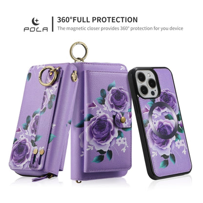 For iPhone 15 Pro POLA MagSafe Flower Multi-functional Zipper Wallet Leather Phone Case(Purple) - iPhone 15 Pro Cases by buy2fix | Online Shopping UK | buy2fix